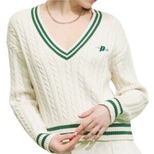 Prince Pickleball Cable Knit V-Neck Women's Cream Green V-Neck Sweater medium